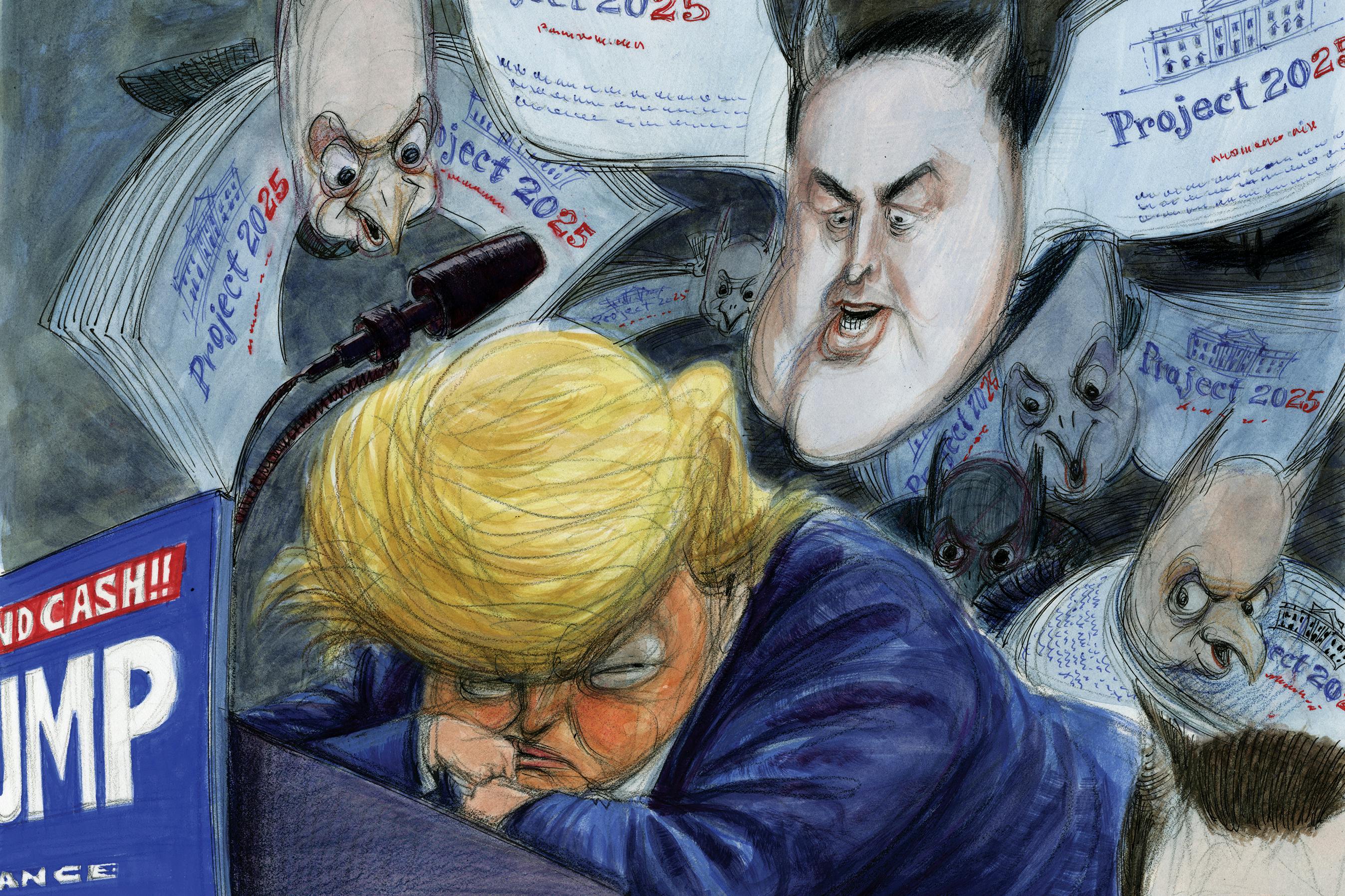 An illustration of Donald Trump slumped on a desk with bats that have human faces and wings made of project 25 pages flying around him 