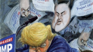 An illustration of Donald Trump slumped on a desk with bats that have human faces and wings made of project 25 pages flying around him