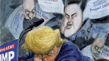 An illustration of Donald Trump slumped on a desk with bats that have human faces and wings made of project 25 pages flying around him