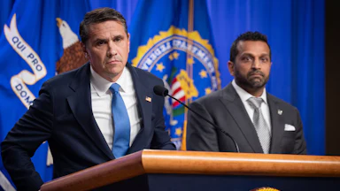 Acting Attorney General Todd Blanche speaks at a press conference with FBI Director Kash Patel following the indictment of the Southern Poverty Law Center for money laundering, at the Department of Justice in Washington, D.C.
