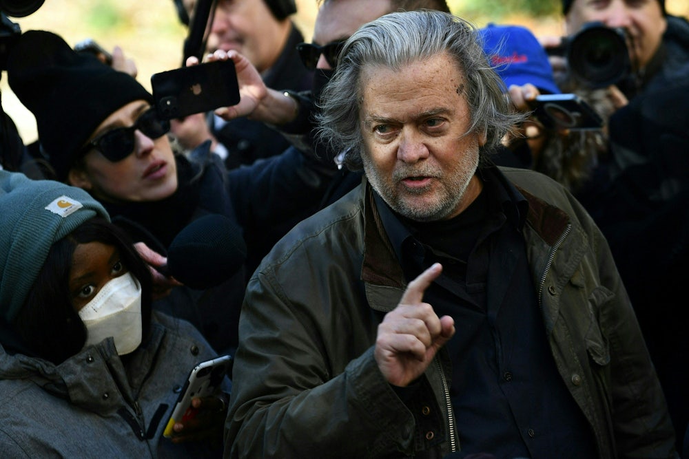 Steve Bannon speaks to the media