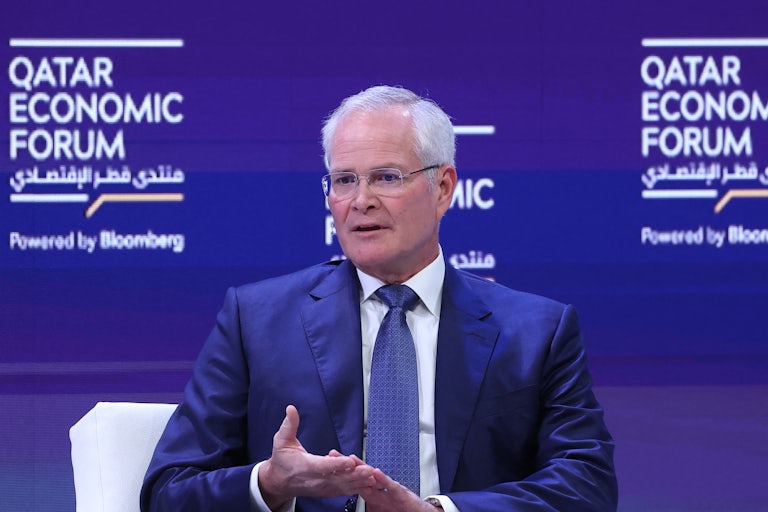 Chairman and CEO of ExxonMobil Darren Woods speaking at the Qatar Economic Forum