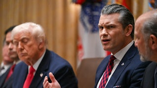 Pete Hegseth speaks in a meeting with Donald Trump.