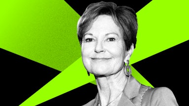 Journalist Kati Marton in front of a green and black background