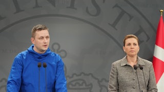 Greenland’s Head of Government Jens-Frederik Nielsen and Denmark’s Prime Minister Mette Frederiksen speak at a podium