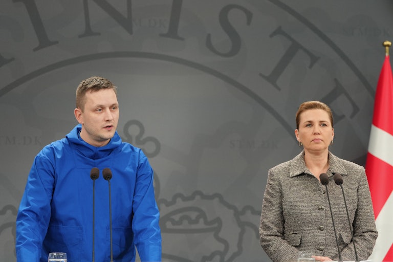 Greenland’s Head of Government Jens-Frederik Nielsen and Denmark’s Prime Minister Mette Frederiksen speak at a podium