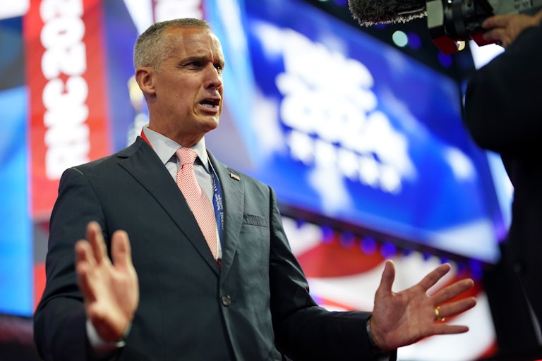 Corey Lewandowski gestures while speaking to reporters at the Republican National Convention