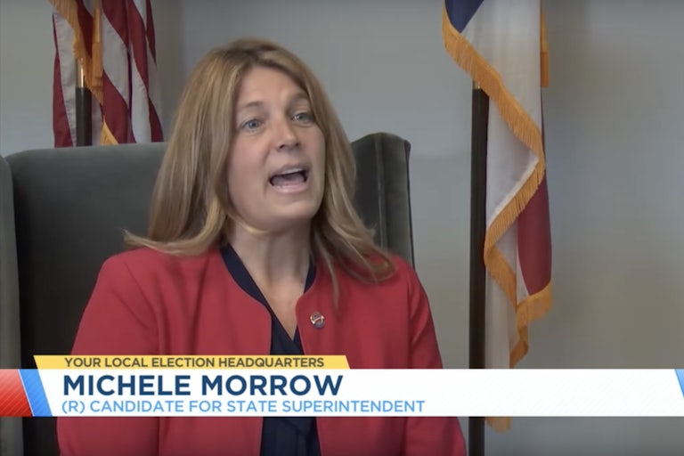Michelle Morrow speaking during a CBS 17 interview. Chyron says her name.