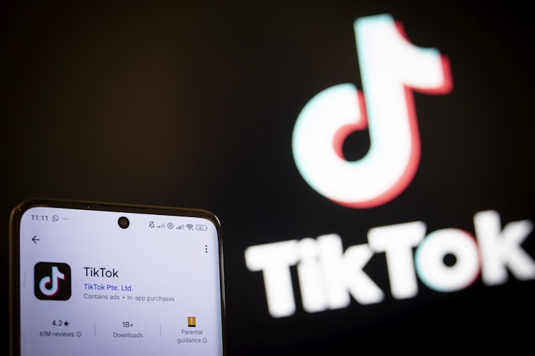 A phone screen displays App Store page for TikTok