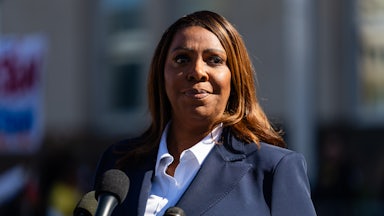 New York Attorney General Letitia James stands in front of multiple microphones outside a courthouse in Norfolk, Virginia