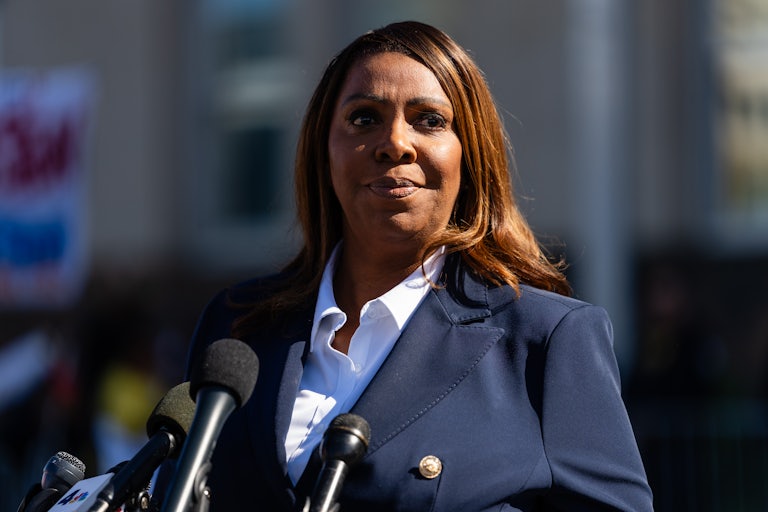 New York Attorney General Letitia James stands in front of multiple microphones outside a courthouse in Norfolk, Virginia