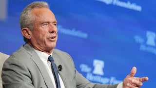 Robert F. Kennedy Jr. gestures and speaks during a Heritage Foundation event