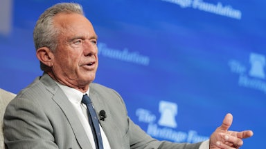 Robert F. Kennedy Jr. gestures and speaks during a Heritage Foundation event