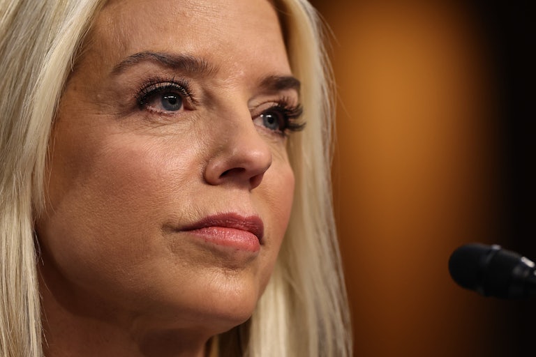 Close-up of Pam Bondi in her confirmation hearing
