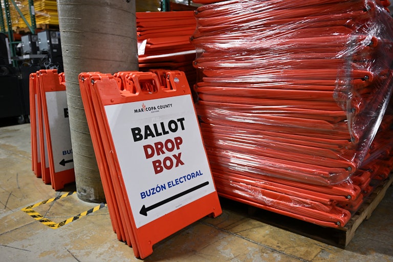 Signs for ballot drop boxes in Maricopa County, Arizona