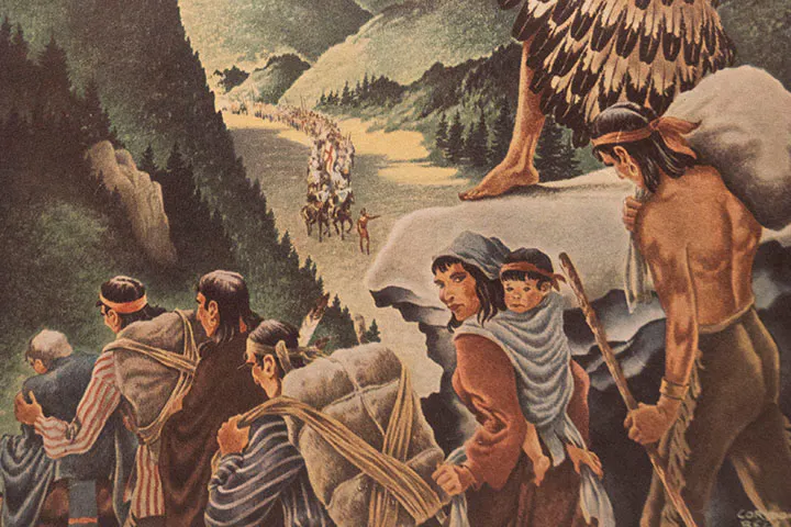 An illustration depicting the Trail of Tears, showing Native American men, women, and children o the trail 
