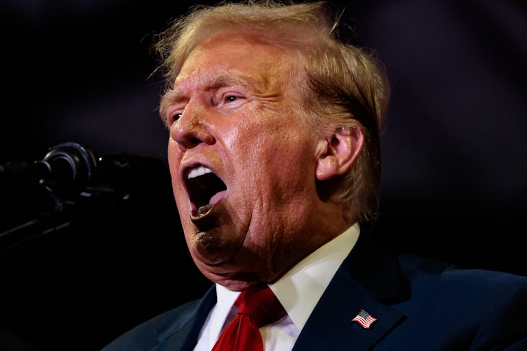 Donald Trump speaks into a microphone