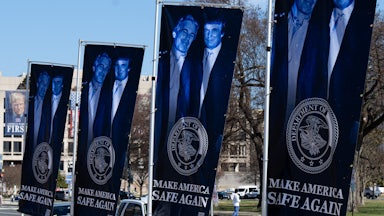 Banners of a photo of Donald Trump and Jeffrey Epstein, emblazoned with the words "Make America Safe Again," stand along the National Mall