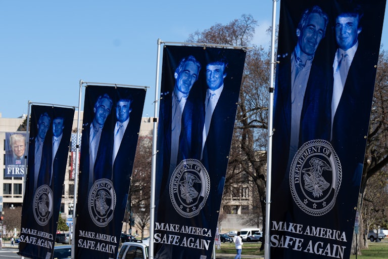 Banners of a photo of Donald Trump and Jeffrey Epstein, emblazoned with the words "Make America Safe Again," stand along the National Mall