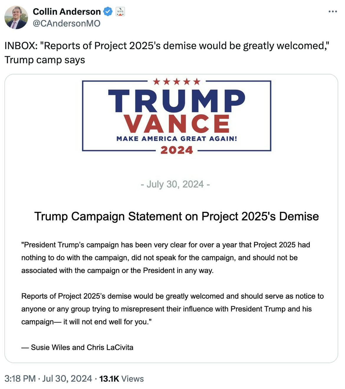 Twitter screenshot Collin Anderson @CAndersonMO INBOX: "Reports of Project 2025's demise would be greatly welcomed," Trump camp says (with screenshot of email)