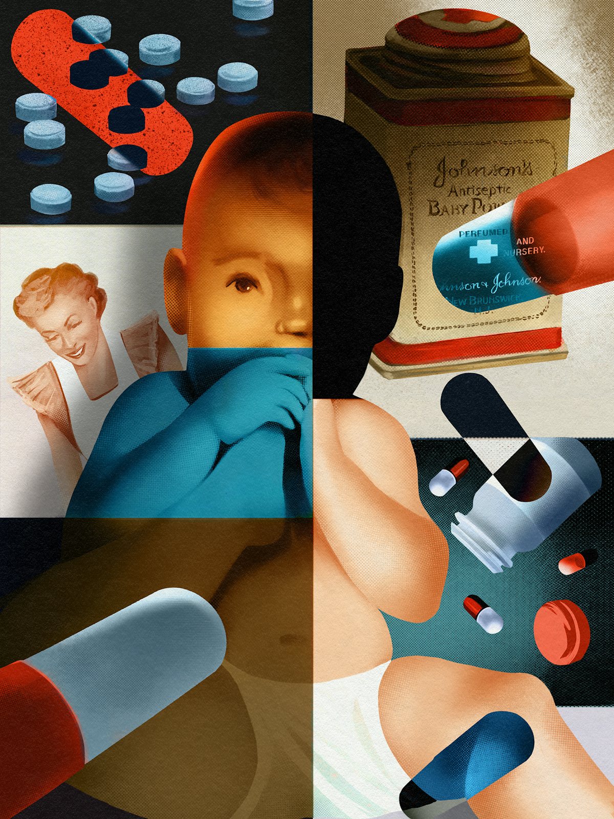 Illustration of a baby surrounded by menacing images of pills and a baby powder container. Imagery from vintage J&J ads is also included to suggest that the issues with the company have been happening for decades.