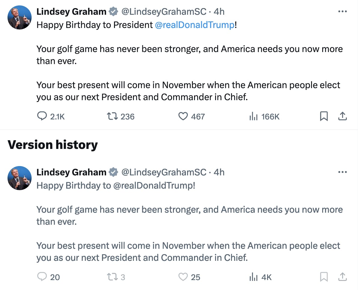 Twitter screenshot showing the edit to Lindsey Graham's message. 
