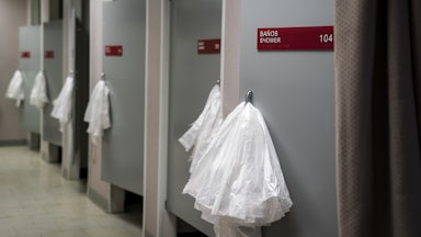 Plastic bags hang on shower doors.
