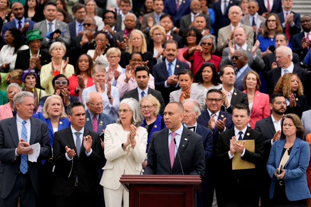 Representative Hakeem Jeffries holds court at a news conference with House Democrats outside the US Capitol in Washington, D.C.