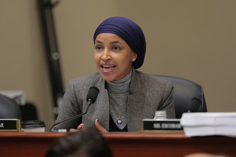 Representative Ilhan Omar speaks during a House hearing
