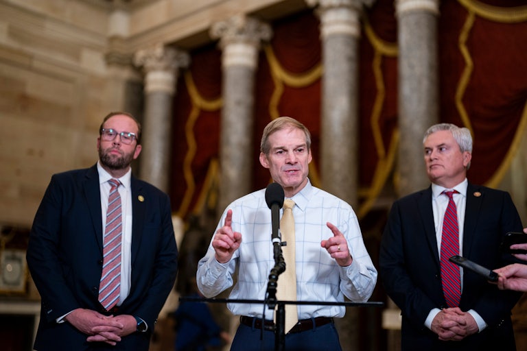 Representative Jim Jordan, joined by Representative Jason Smith and Representative James Comer speaks to members of the media following a vote to formally authorize an ongoing impeachment inquiry against President Joe Biden.