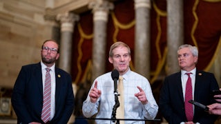 Representative Jim Jordan, joined by Representative Jason Smith and Representative James Comer speaks to members of the media following a vote to formally authorize an ongoing impeachment inquiry against President Joe Biden.
