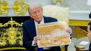 Donald Trump holds up a projected image of his golden White House ballroom, while sitting in his golden Oval Office.