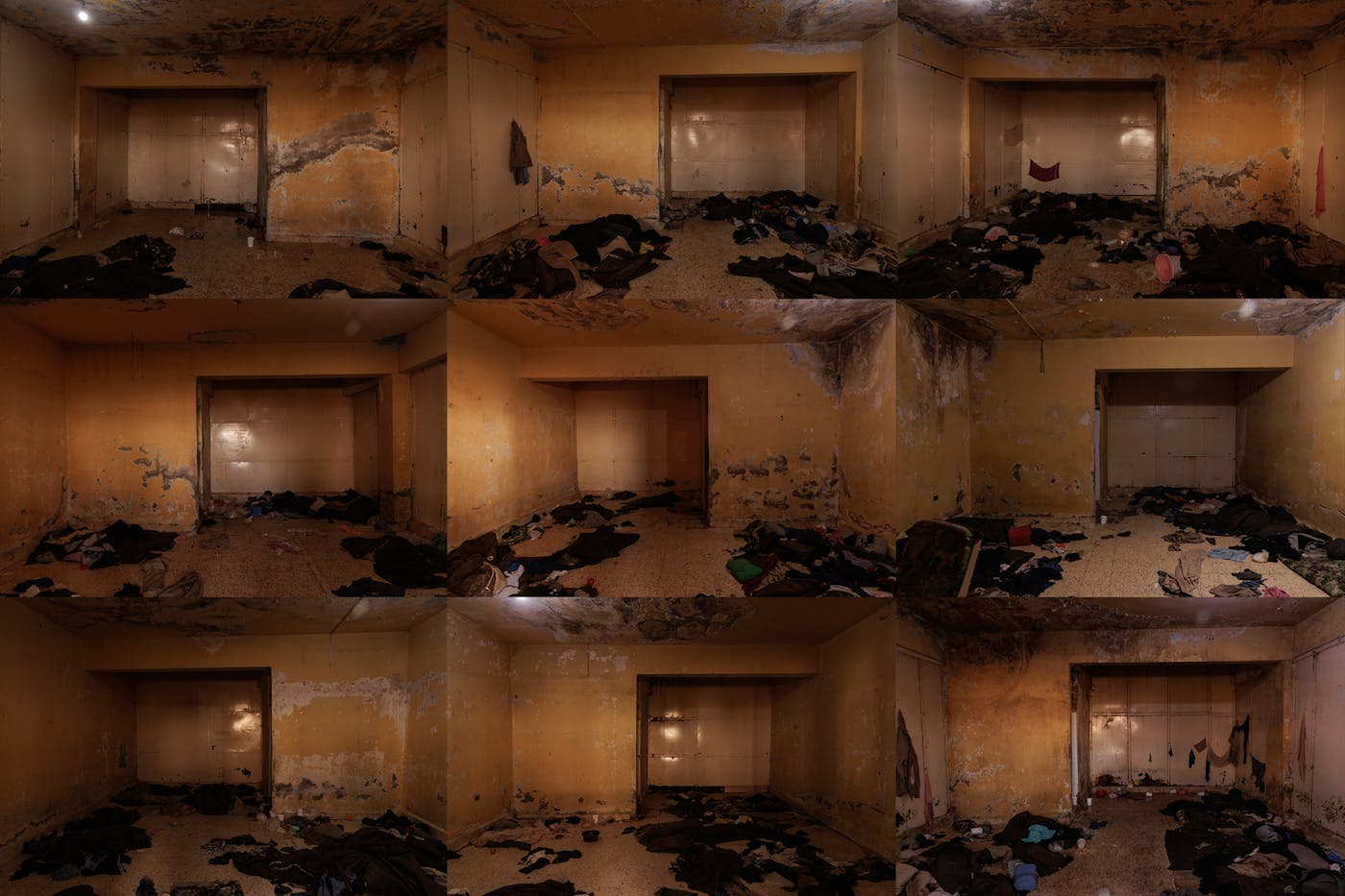 Polyptych: View of different empty cells and the inmates' belongings while in detention at the Sednaya Prison. The cells—some as small as 20 x 13 feet—were holding between twenty and more than forty inmates. Guards often arbitrarily locked the prisoners in these cells for many days in a row, with no food or medical treatment.