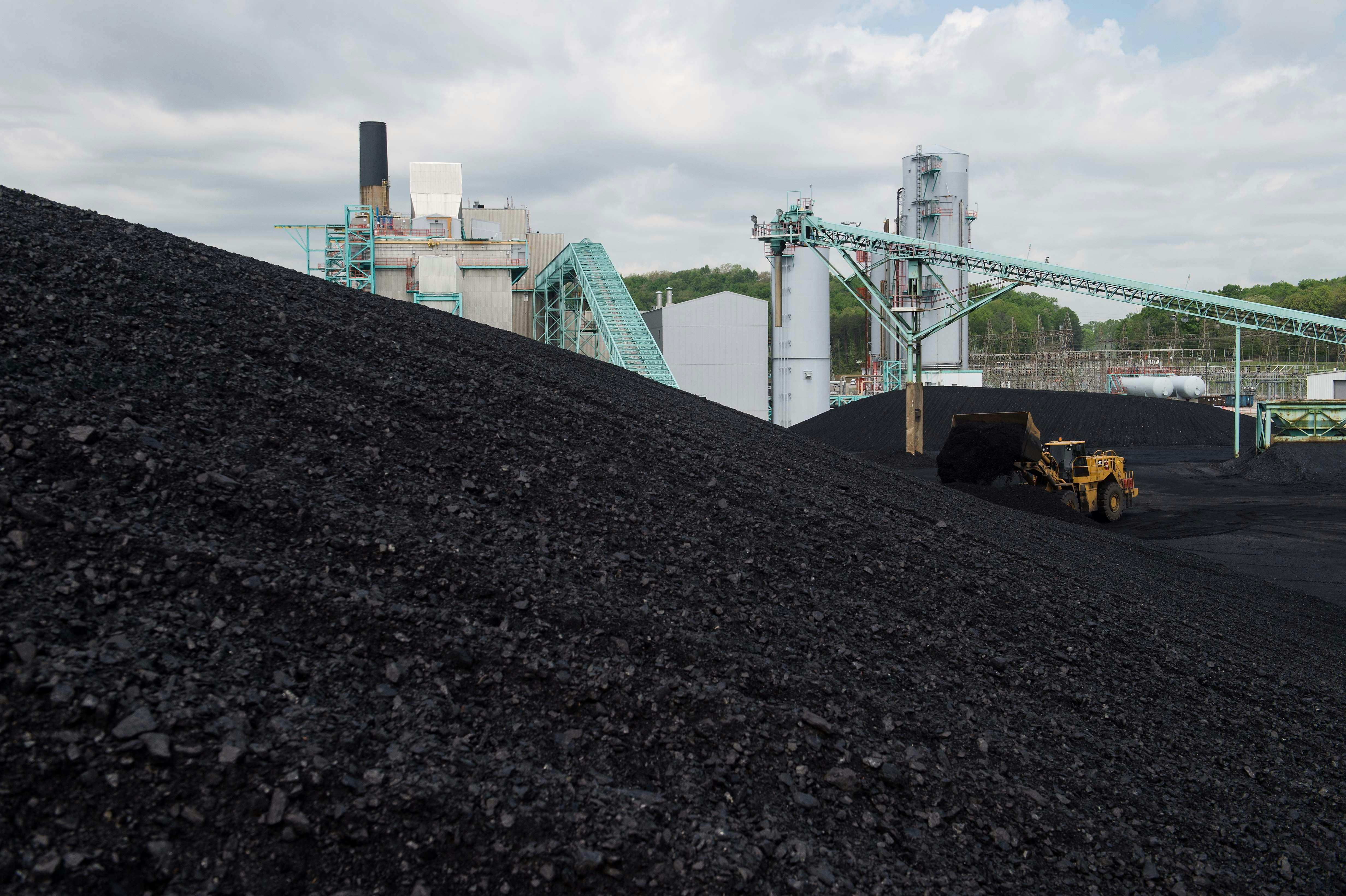 A front-end loader dumps more coal on a giant hill of coal.