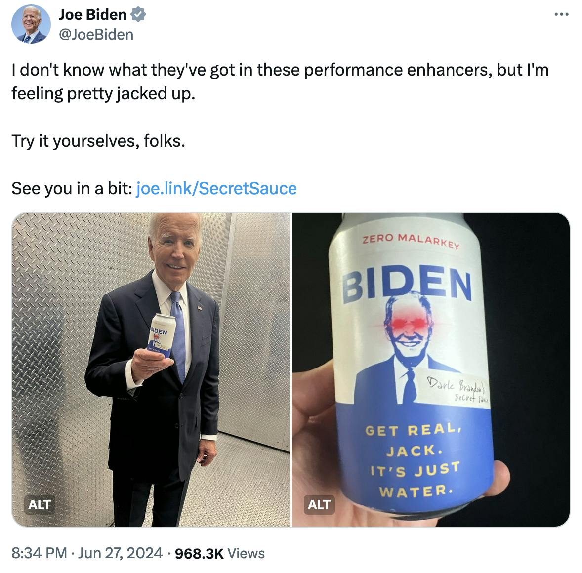 @JoeBiden I don't know what they've got in these performance enhancers, but I'm feeling pretty jacked up. Try it yourselves, folks. See you in a bit: http://joe.link/SecretSauce
