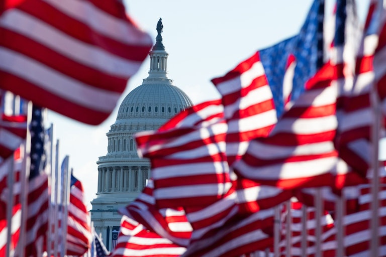 American flags wave in the foreground in front of the U.S. Capitol dome.