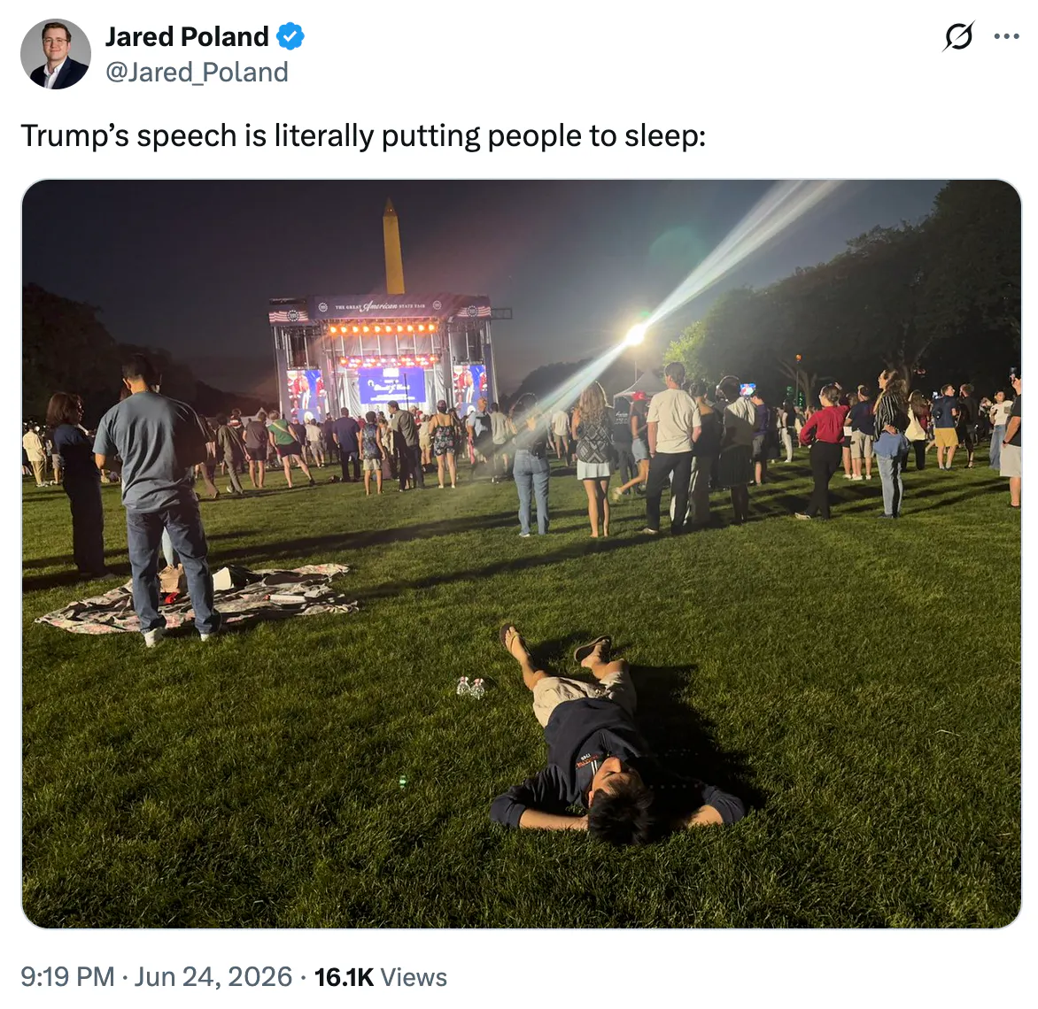 X screenshot Jared Poland @Jared_Poland Trump’s speech is literally putting people to sleep: (photo of someone asleep on the lawn)