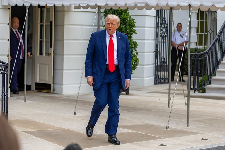 Donald Trump speaks to reporters as he walks out of the White House