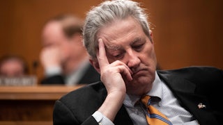 Senator John Kennedy, looks on as the nominee to be the Comptroller of the Currency, Saule Omarova, testifies before the Senate Banking, Housing and Urban Affairs Committee.