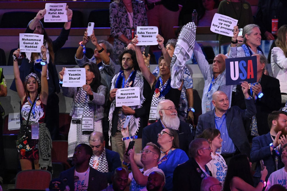 Delegates to the 2024 Democratic National Convention in Chicago, Illinois, wear keffiyehs and hold up signs with the names of people killed in Gaza.