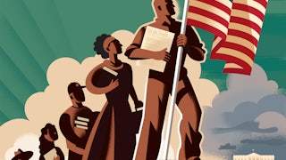An illustration of a group of people standing behind the American flag.