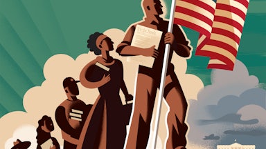 An illustration of a group of people standing behind the American flag.