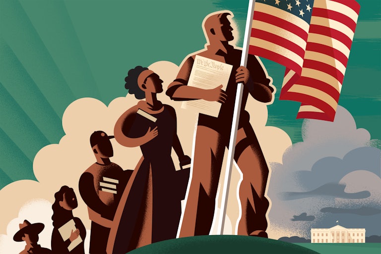 An illustration of a group of people standing behind the American flag.