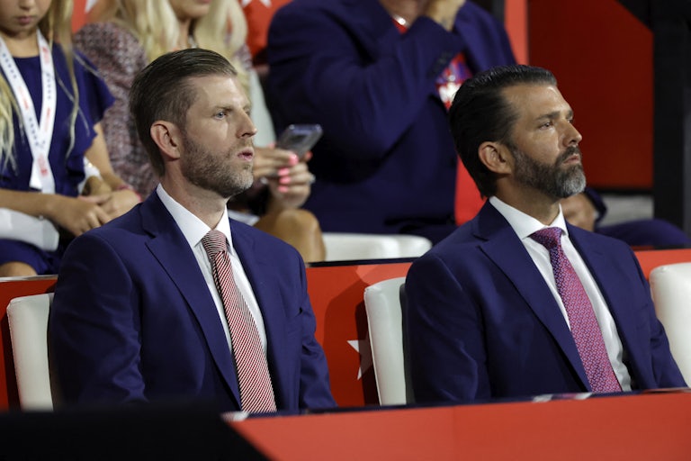 Eric Trump and Donald Trump Jr. sit next to each other at the Republican National Convention