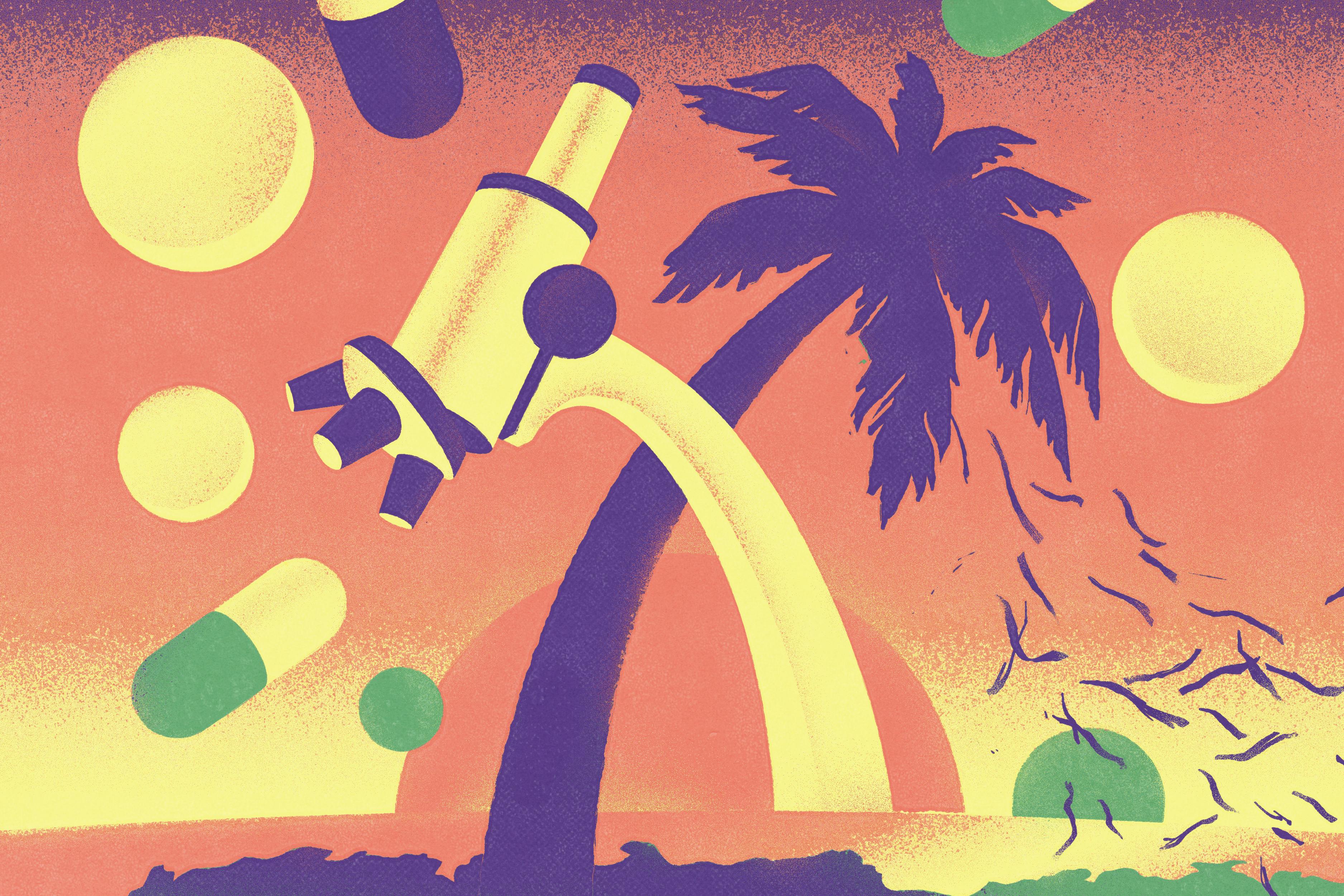 An illustration of a palm tree and a microscope intersecting with medicine flying around