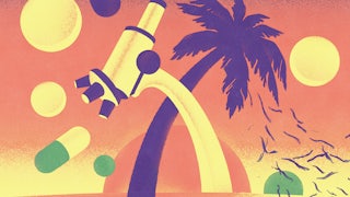 An illustration of a palm tree and a microscope intersecting with medicine flying around