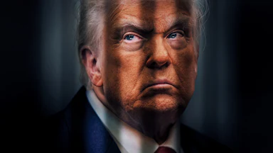 A color illustration of President Trump behind bars