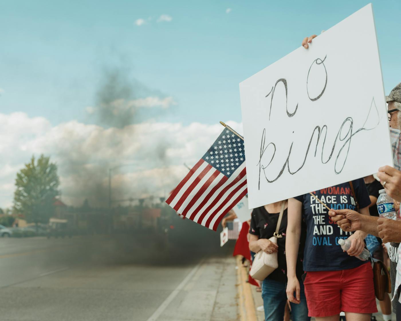 Counterprotesters haze demonstrators with diesel smoke during the No Kings rally in Kalispell, Montana, on June 14.