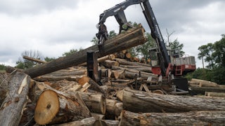 A log loader picks up a log amid a large pile of logs.