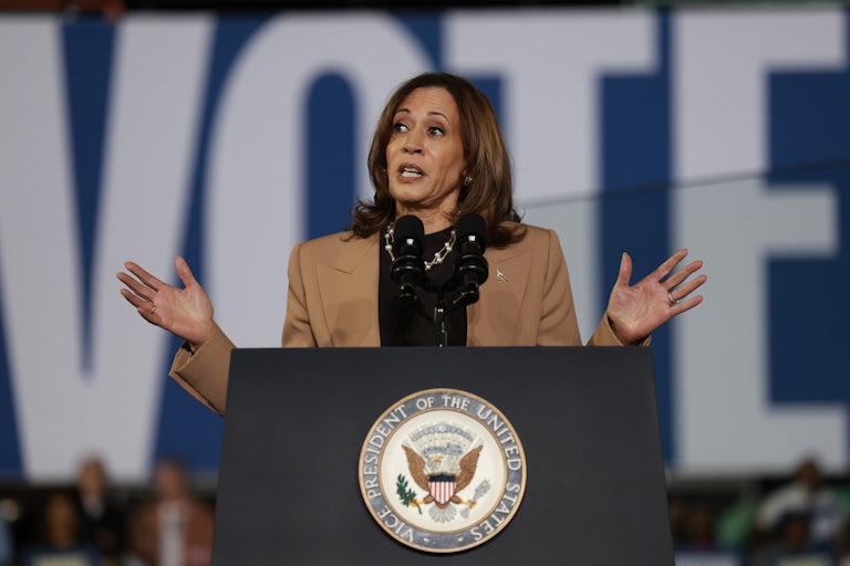 Kamala Harris gestures while speaking